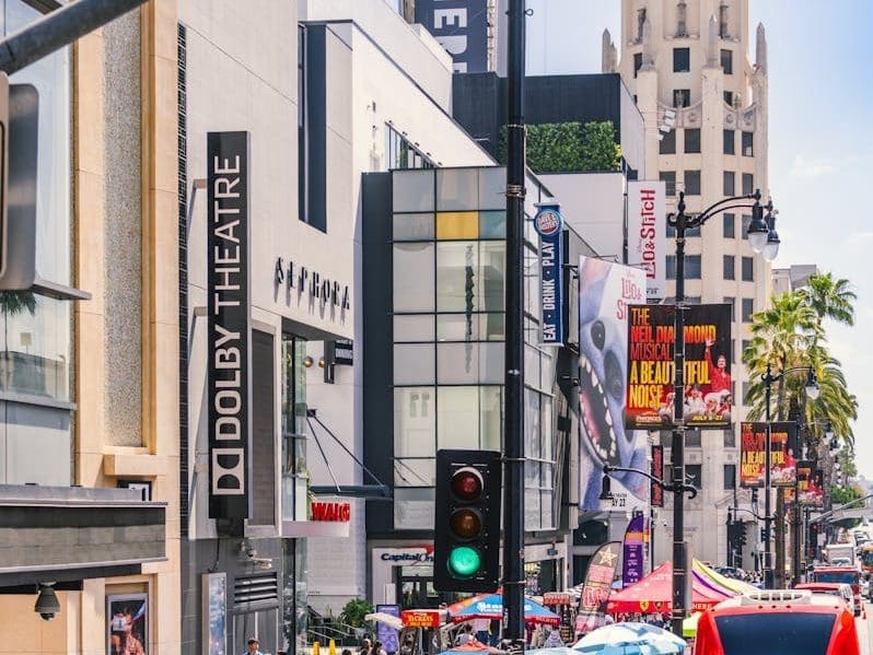 bustling hollywood boulevard with dolby theatre