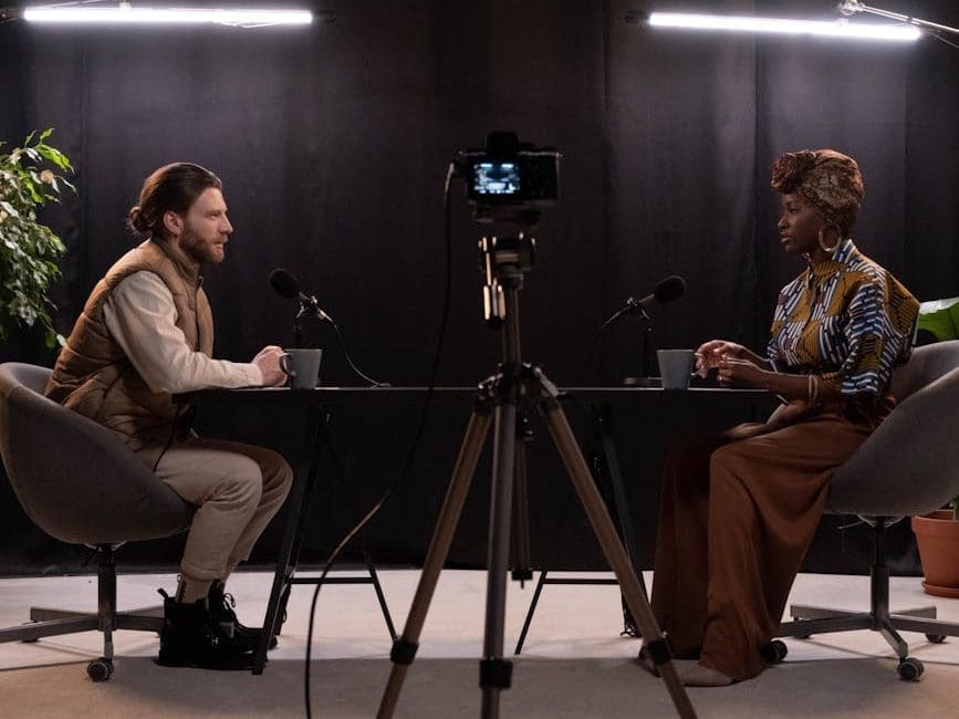 a man and woman talking together