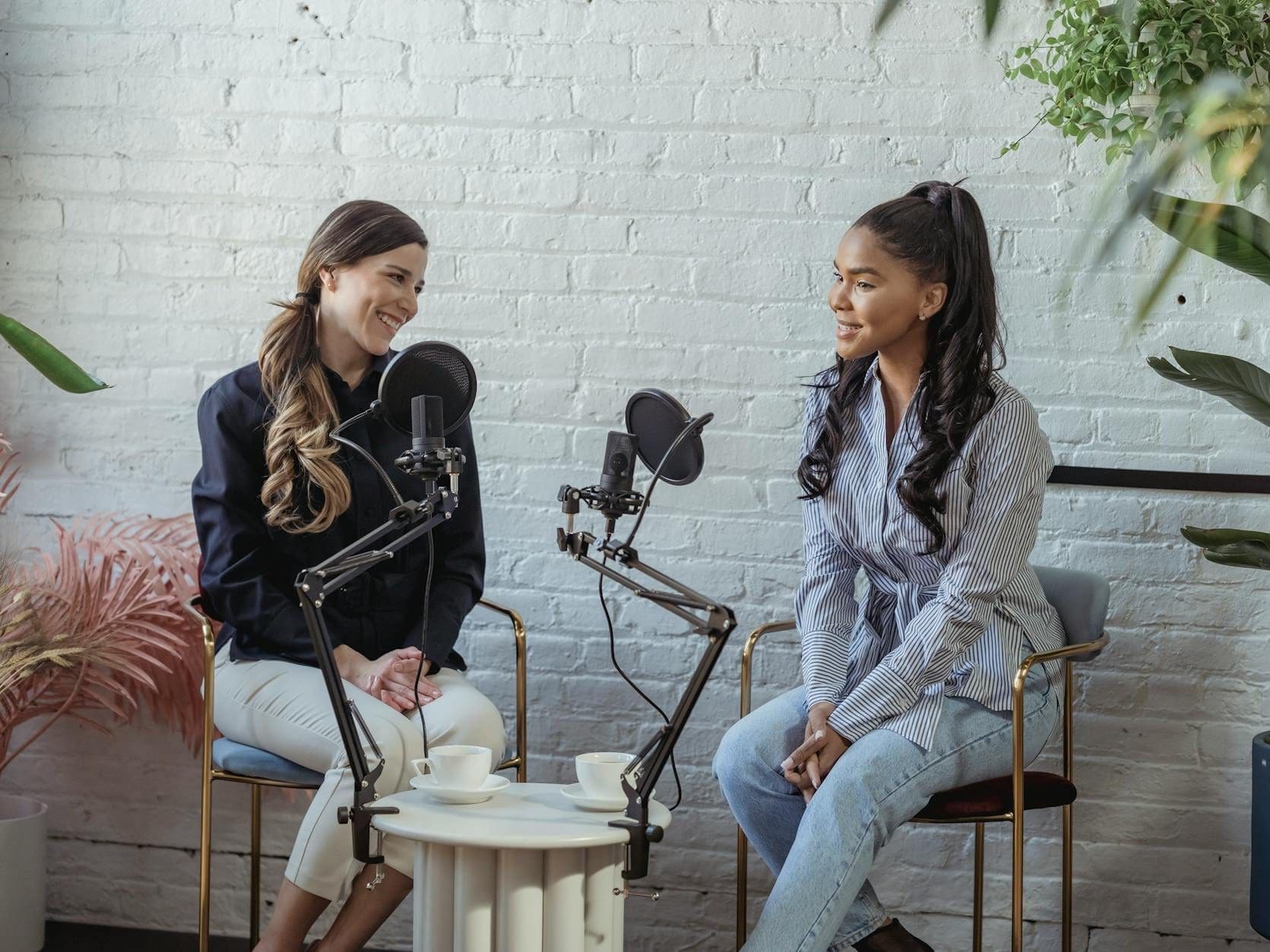 multiethnic women talking in broadcasting studio